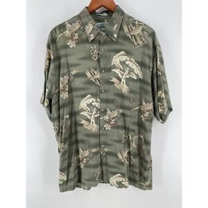 Campia Hawaiian Shirt Mens Large Green Hula‎ Girl Palm Tree Rayon Button Front